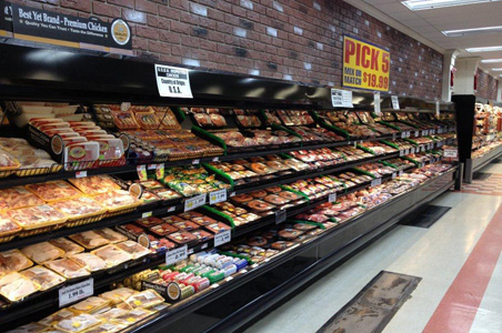 Grocery Store using Lindsey Refrigeration professionally installed multi deck refrigerated display case.